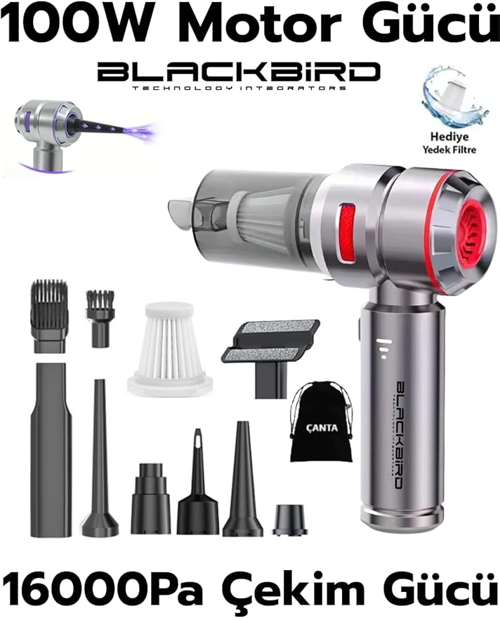 Blackbird MK-5801 16000PA Kablosuz Araç Süpürgesi | 3 Kademeli Güç | Şarjlı El Süpürgesi